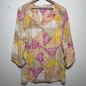 Rose + Olive Women Patchwork Top 2X Multicolor Floral Paisley Buttons Blouse Art